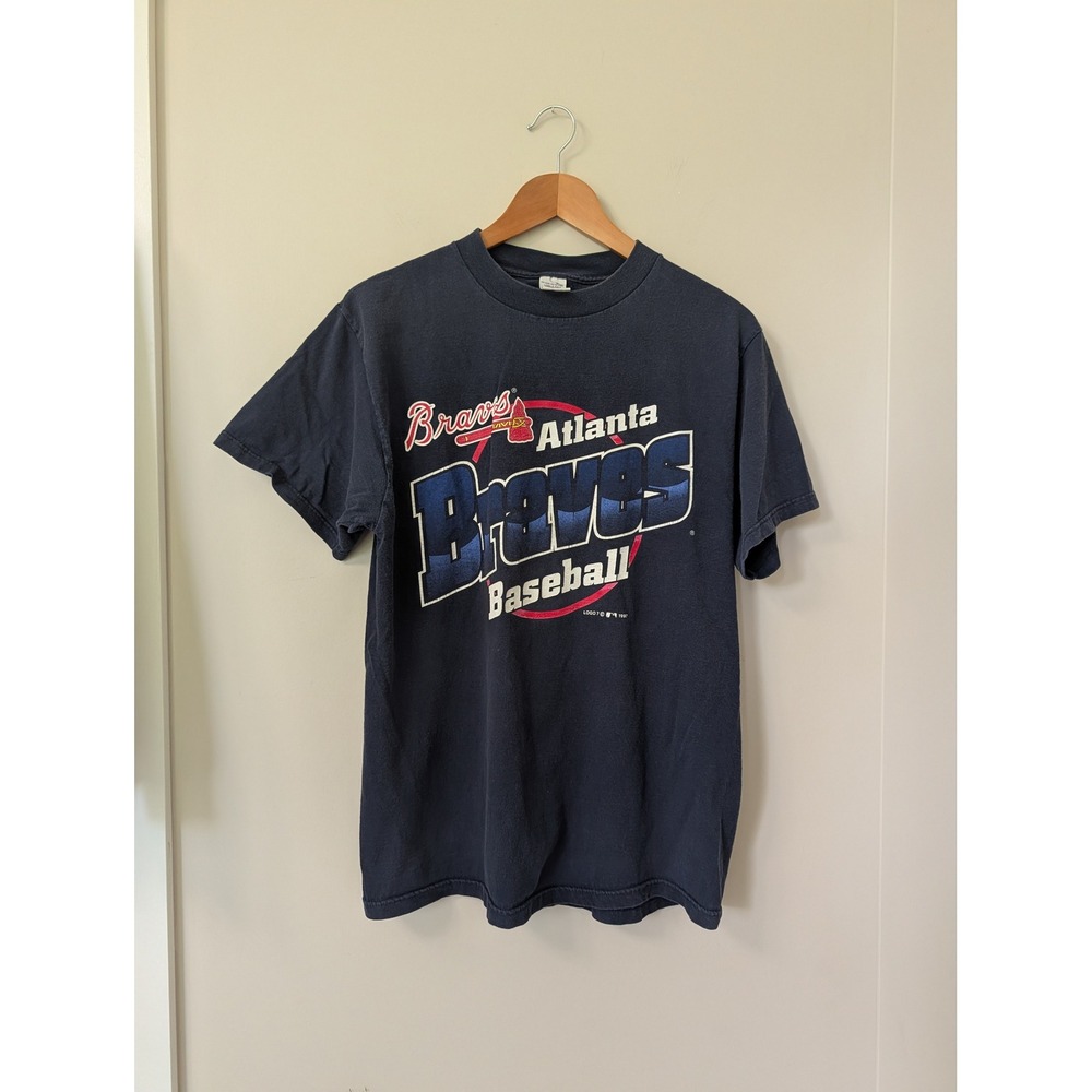 Vintage 1997 Atlanta Braves Baseball T Shirt Logo 7 Navy Blue Mens Large MLB 90s